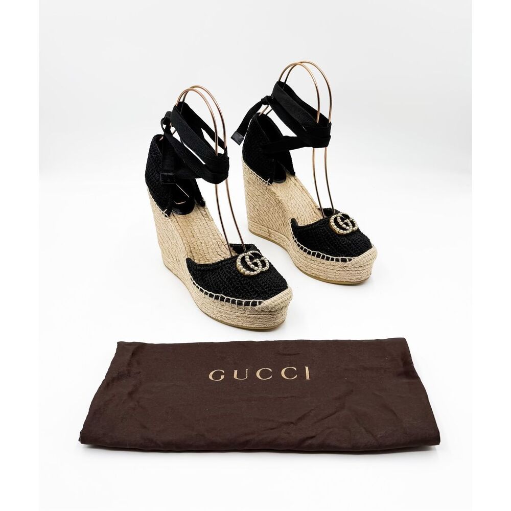 Gucci Lilibeth Black Crochet Wedge Espadrilles Pearl GG Ankle Wrap Size 39, 9